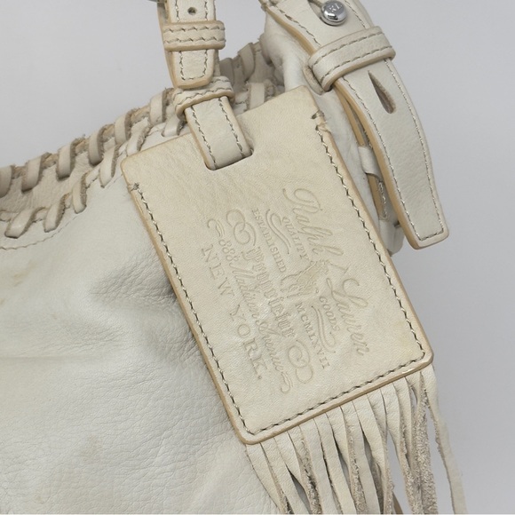 Large off white vintage ralph lauren leather bag with logo tassel - Picture 3 of 13